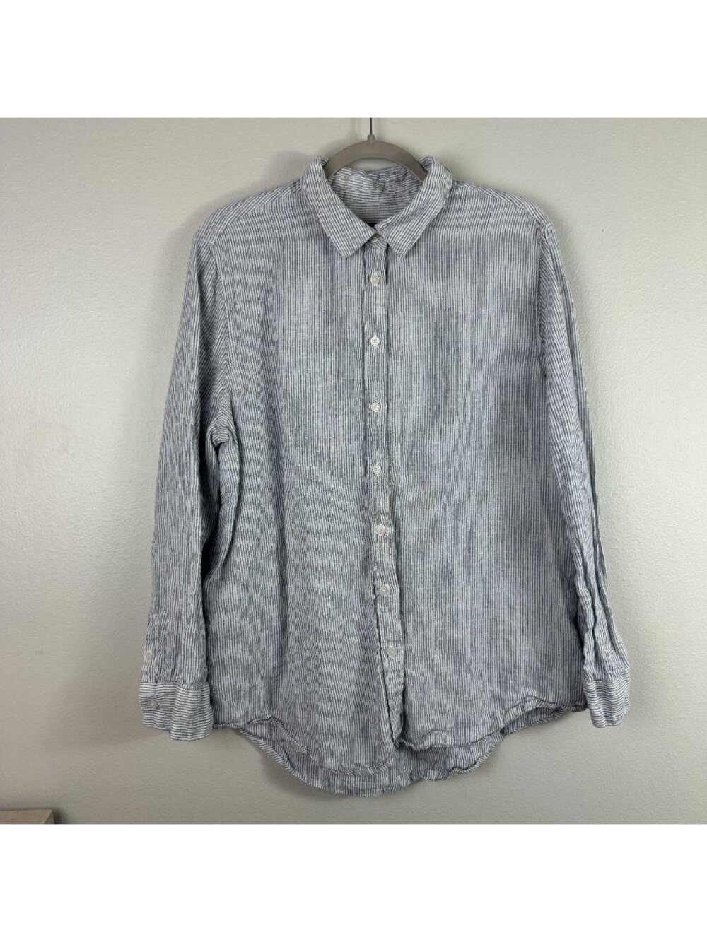 Quince 100% European Linen Long Sleeve Shirt XL Blue Pinstripe Button Front Mini